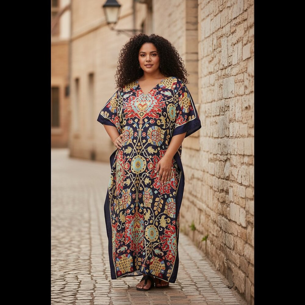 Women Plus Size Caftan Floral Print Navy Blue Maxi Dress for Summer Wear Party